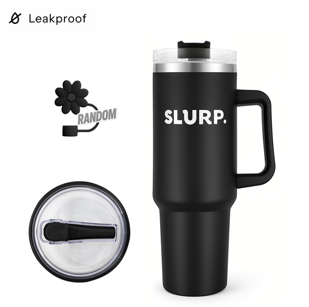 Black travel tumbler with 'SLURP.' text on a white background