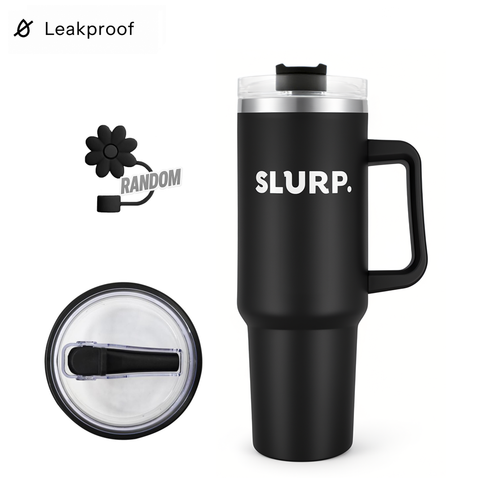 Black travel tumbler with 'SLURP.' text on a white background
